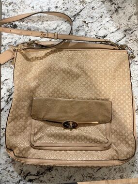 Coach Beige/Tan Signature Crossbody Bag with Front Flap Pocket